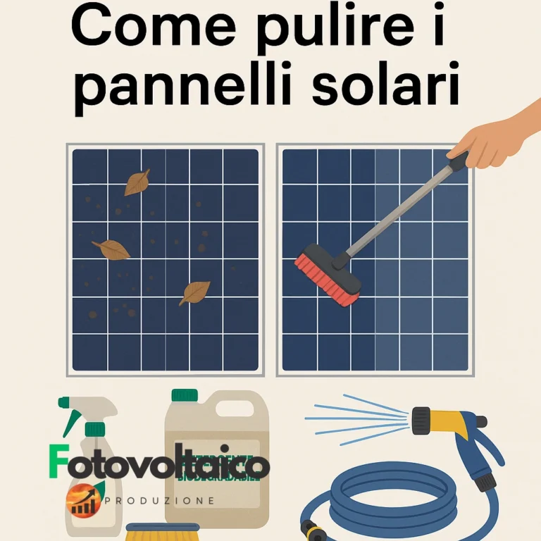 Come pulire i pannelli solari: confronto tra pannello sporco e pulito, con strumenti per la pulizia ecologica come detergente biodegradabile e tubo flessibile.