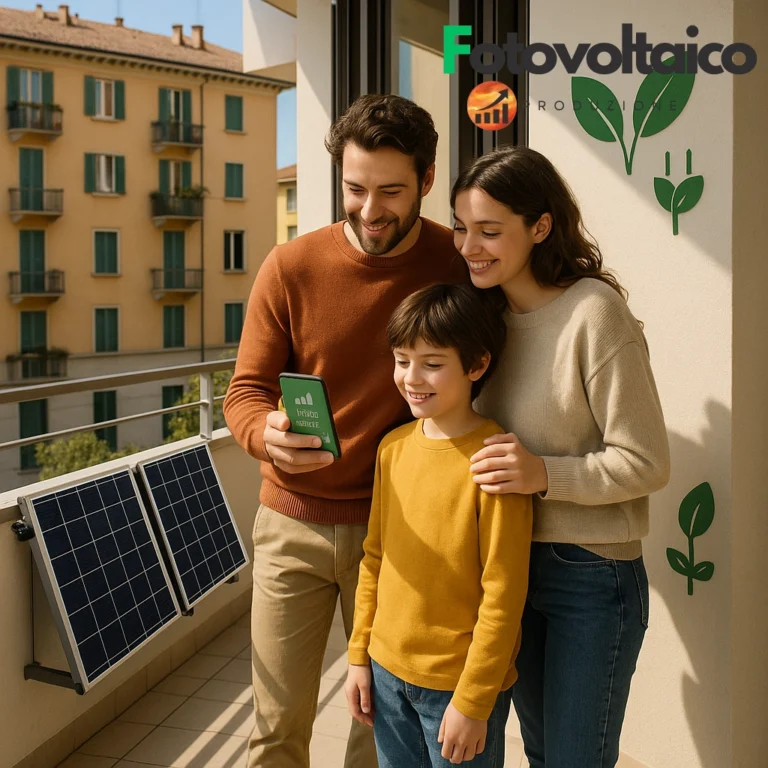 Centrale elettrica da balcone: pannelli solari installati su un balcone moderno con monitoraggio energia in tempo reale e cielo soleggiato sullo sfondo.