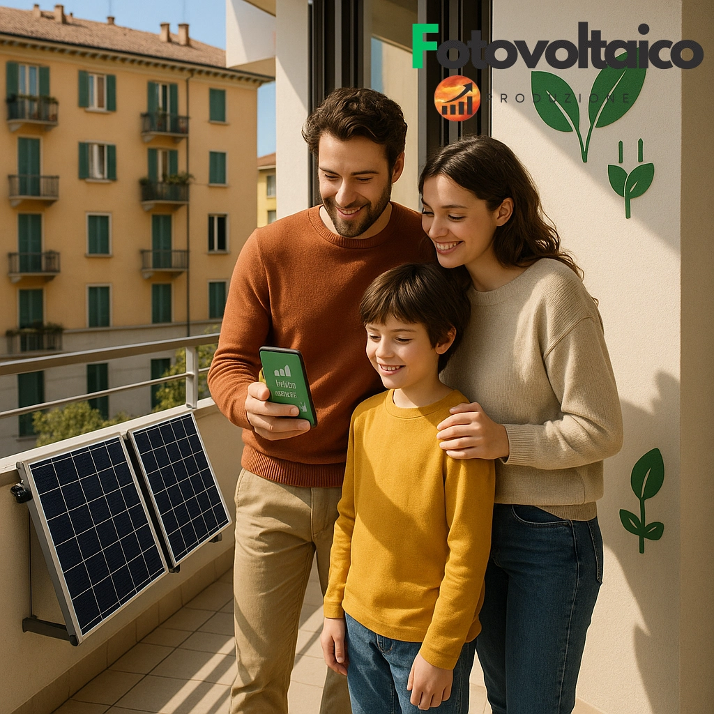 Centrale elettrica da balcone: pannelli solari installati su un balcone moderno con monitoraggio energia in tempo reale e cielo soleggiato sullo sfondo.