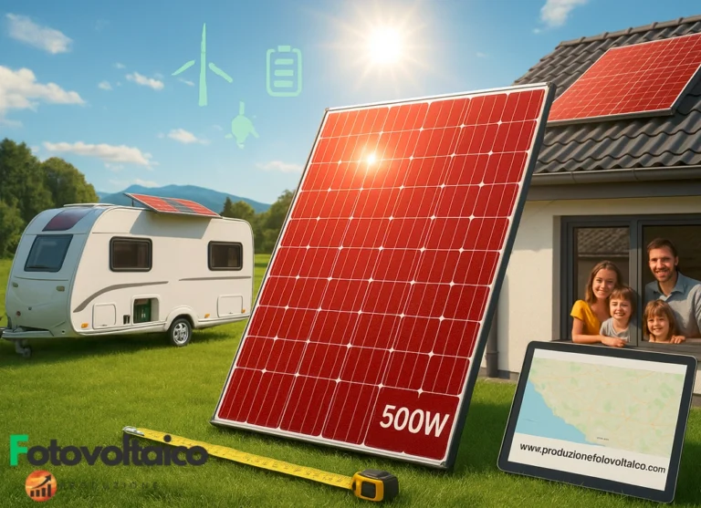 Pannello fotovoltaico 500W installato su tetto residenziale con cielo soleggiato, dimensioni compatte e design moderno