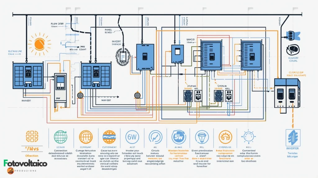 Schema elettrico di un impianto fotovoltaico 6 kW con collegamento al quadro di casa e diagramma unifilare completo