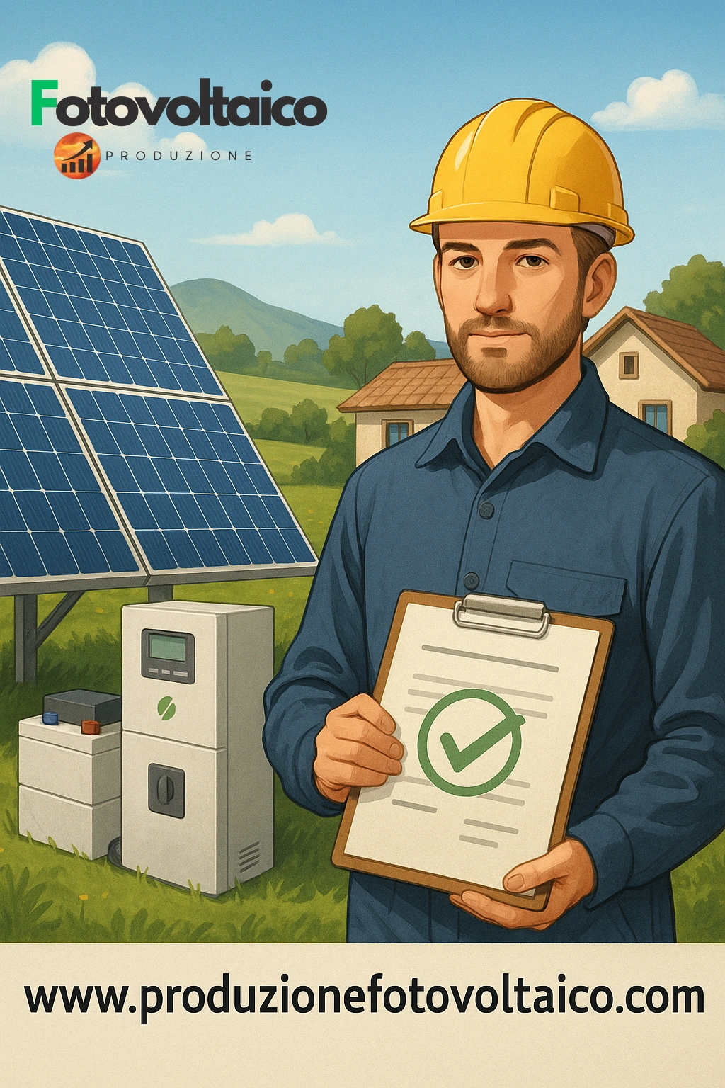 Impianto Fotovoltaico Ad Isola Autorizzazioni con tecnico che mostra documentazione approvata accanto a pannelli solari e sistema di accumulo.