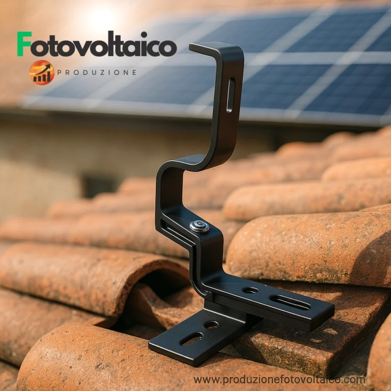 Staffa fotovoltaica per coppi in alluminio anodizzato nero su tetto in terracotta | Dettagli di installazione | www.produzionefotovoltaico.com