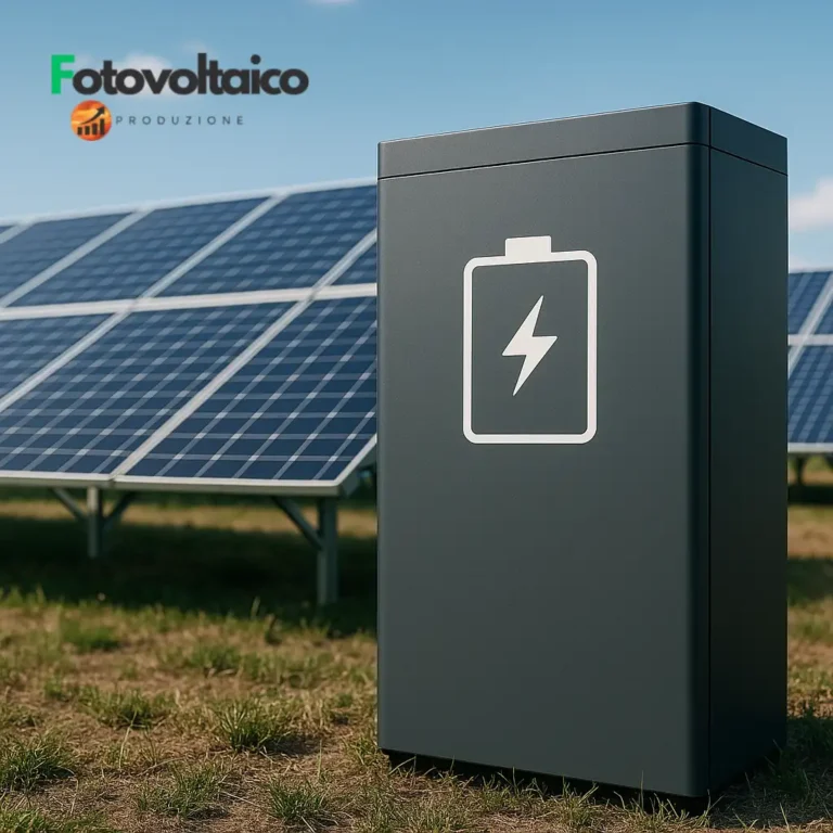 Batteria per impianto fotovoltaico collegata a un sistema accumulo fotovoltaico domestico con inverter e pannelli solari sullo sfondo.