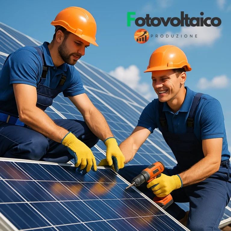 Tecnico installatore fotovoltaico al lavoro su tetto con pannelli solari vicino a Città