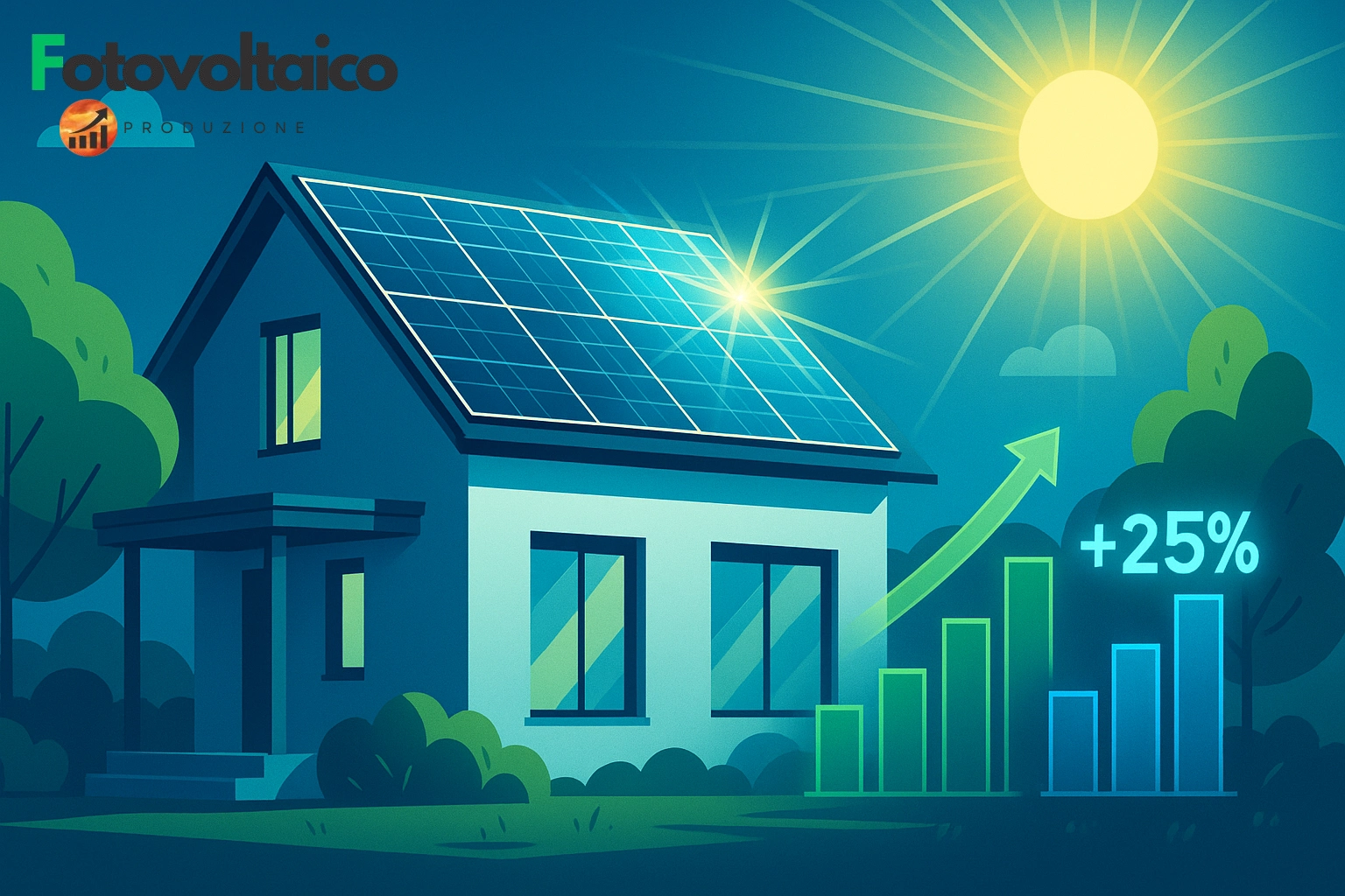 Efficienza pannelli solari: casa moderna con grafici di resa energetica +25% e pannelli fotovoltaici ad alta efficienza