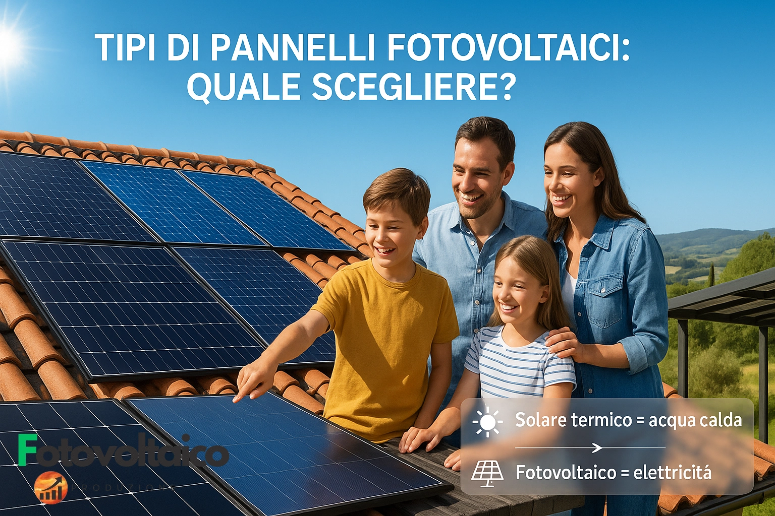 Tipi di pannelli fotovoltaici installati su un tetto moderno, con famiglia che monitora il risparmio energetico. Visibili pannelli monocristallini e policristallini.