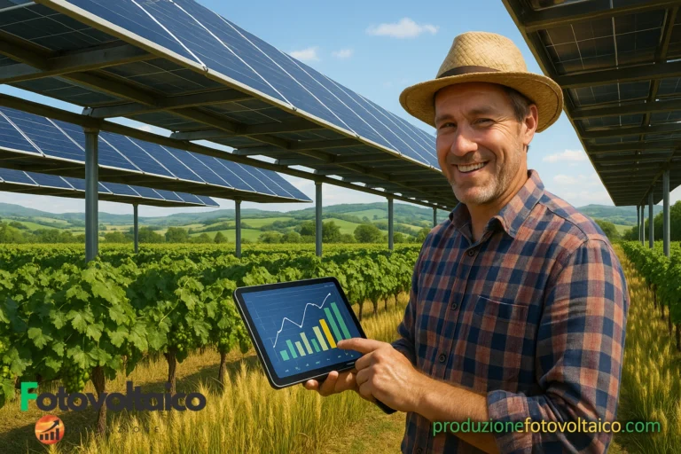Agrivoltaico PNRR: pannelli solari integrati in vigneto con agricoltore che monitora l'energia - ProduzioneFotovoltaico.com