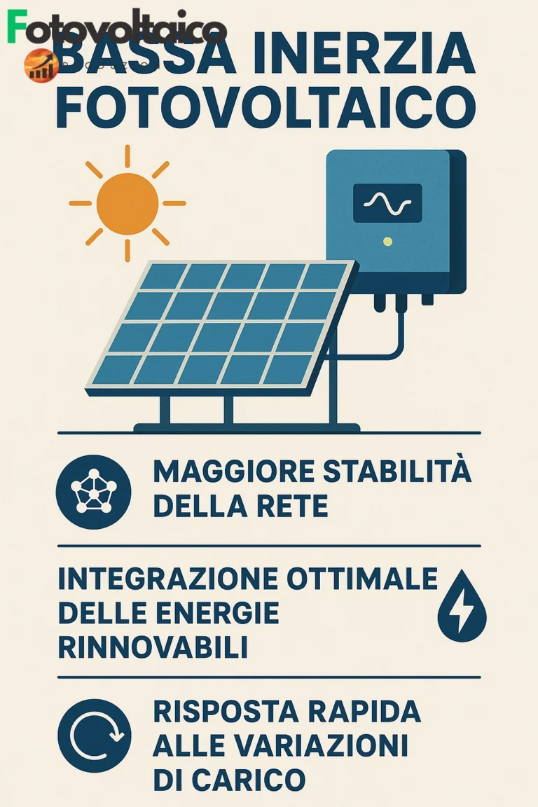 Bassa inerzia fotovoltaico spiegata con un'infografica illustrata sui vantaggi di stabilità della rete e risposta rapida alle variazioni di carico.