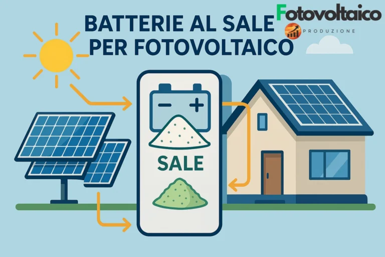 Batterie al sale per fotovoltaico collegate a impianto solare domestico con flusso energetico visibile.