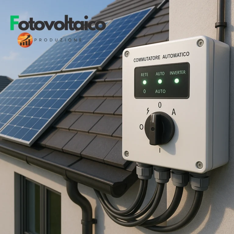 Commutatore ATS per fotovoltaico integrato in un impianto solare residenziale, con pannelli e cablaggi professionali.