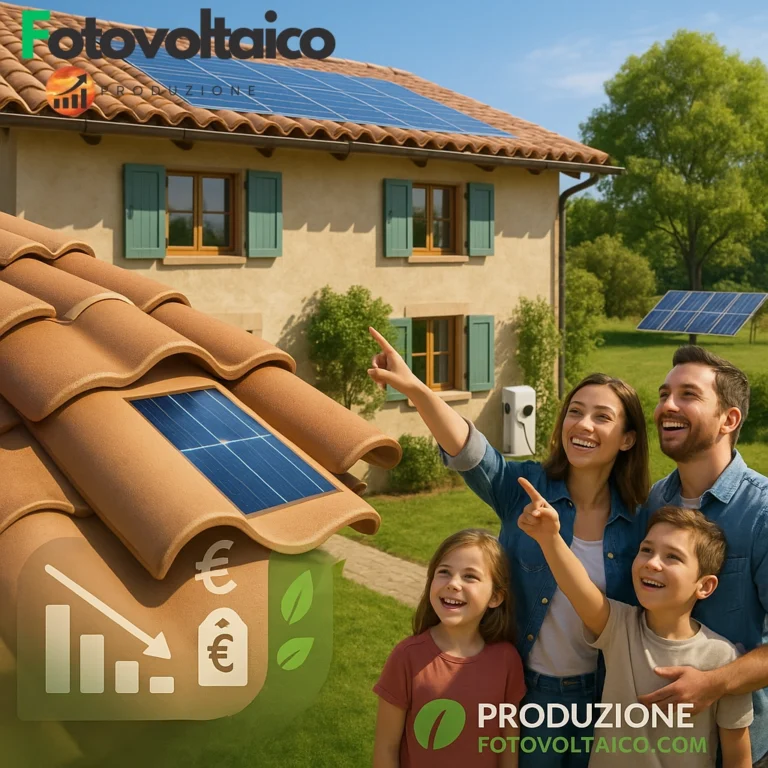 Coppi fotovoltaici invisibili integrati su tetto in terracotta, con dettaglio celle solari mimetizzate e simboli di risparmio energetico. www.produzionefotovoltaico.com