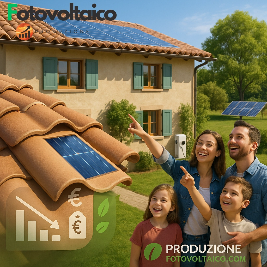 Coppi fotovoltaici invisibili integrati su tetto in terracotta, con dettaglio celle solari mimetizzate e simboli di risparmio energetico. www.produzionefotovoltaico.com