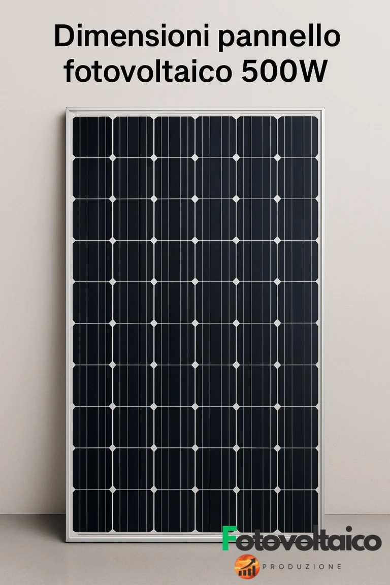 Dimensioni pannello fotovoltaico 500w installato verticalmente su sfondo chiaro
