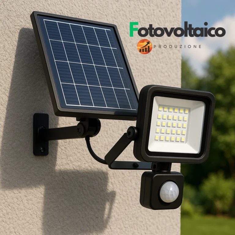 Faretto con pannello solare e sensore di movimento installato su parete esterna in una giornata soleggiata