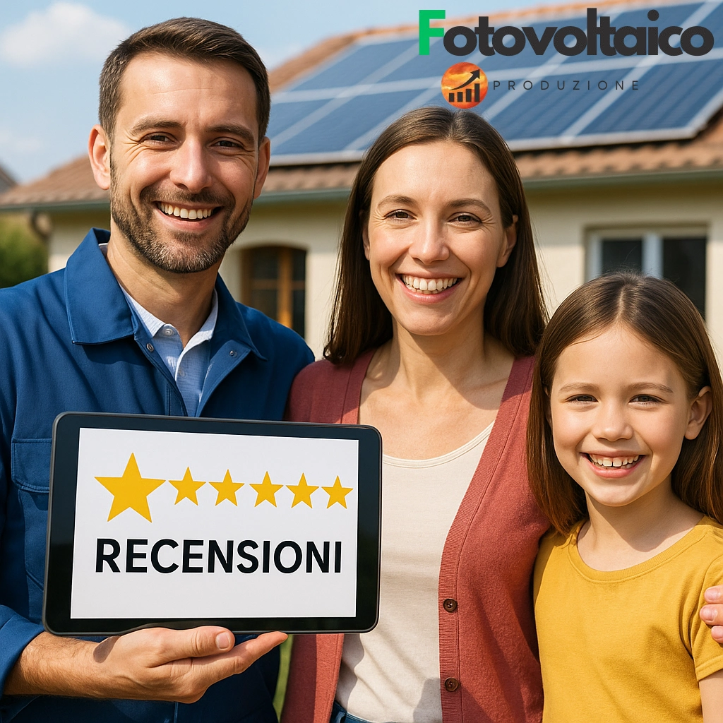 Fotovoltaico semplice recensioni di una famiglia soddisfatta davanti all’impianto solare installato sulla propria casa.