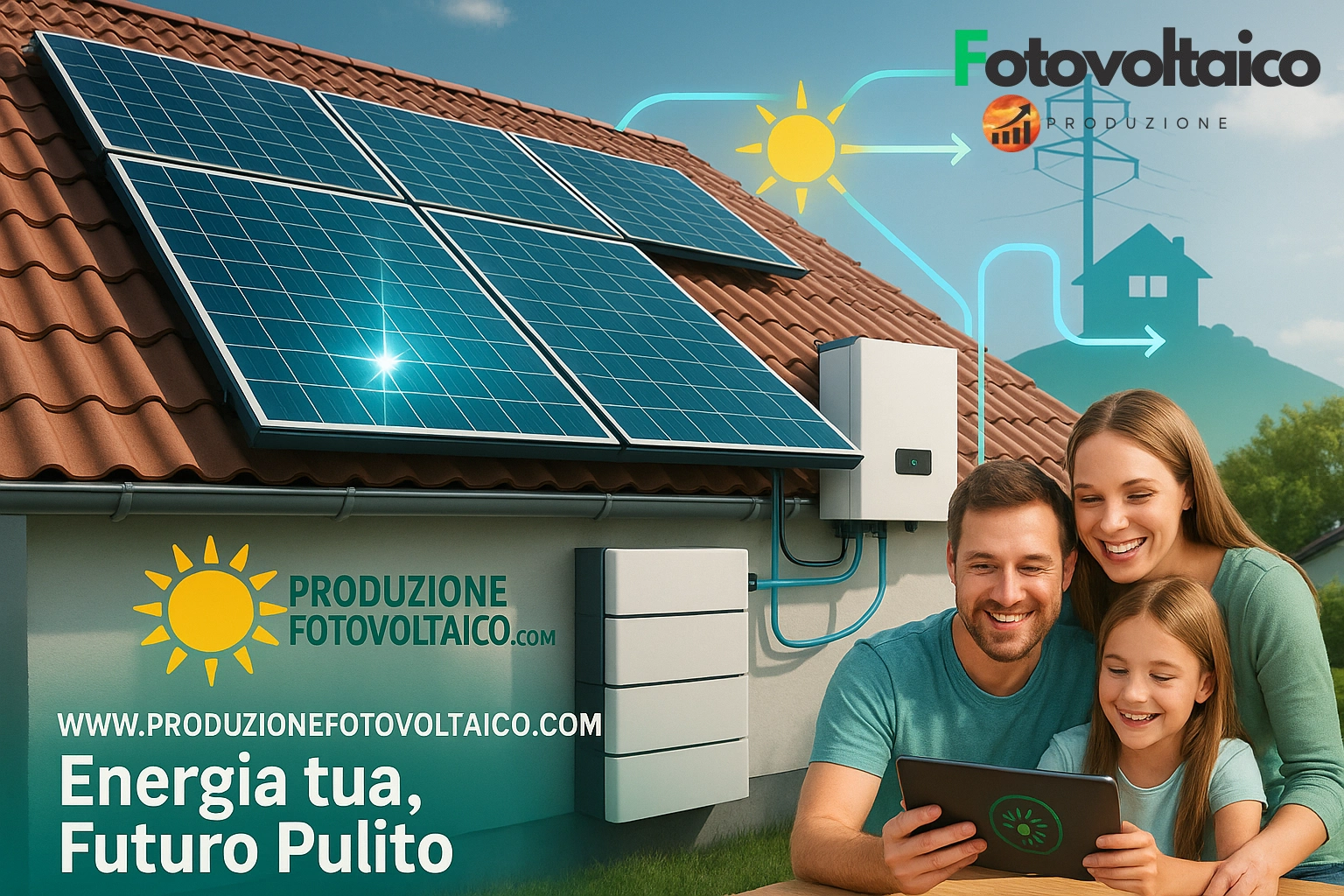 Componenti impianto fotovoltaico con accumulo 6 kW: pannelli, batterie e famiglia che monitorano l'energia pulita