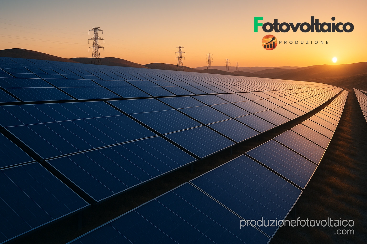 Impianto fotovoltaico su terreno collinare con inclinazione pannelli solari ottimale al tramonto, cielo limpido e atmosfera tecnologica.