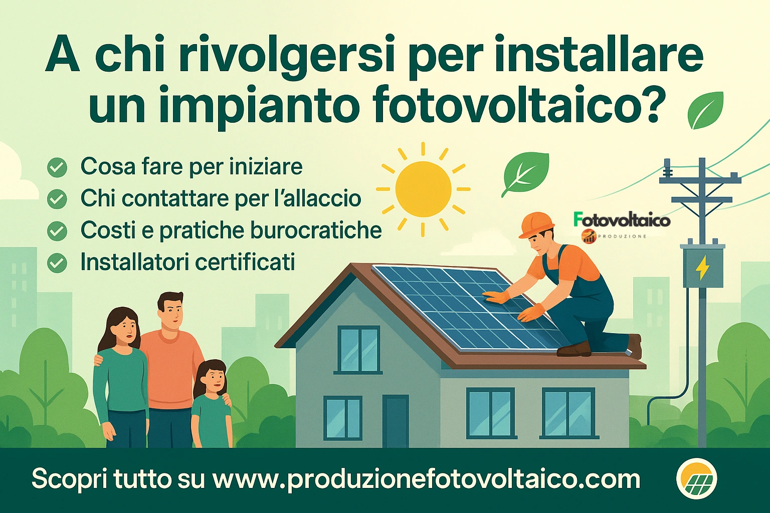 Tecnico specializzato installa pannelli fotovoltaici sul tetto di una casa moderna, con famiglia soddisfatta. Scopri a chi rivolgersi e i costi su www.produzionefotovoltaico.com