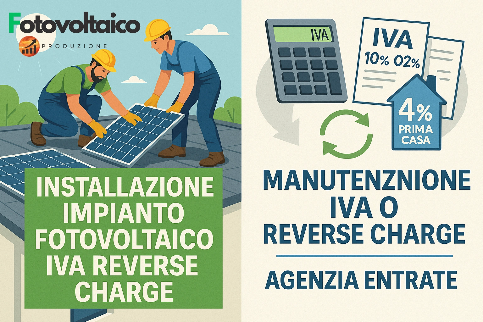 Installazione impianto fotovoltaico con IVA reverse charge, dettagli su IVA 10%, 22%, 4% prima casa e manutenzione.