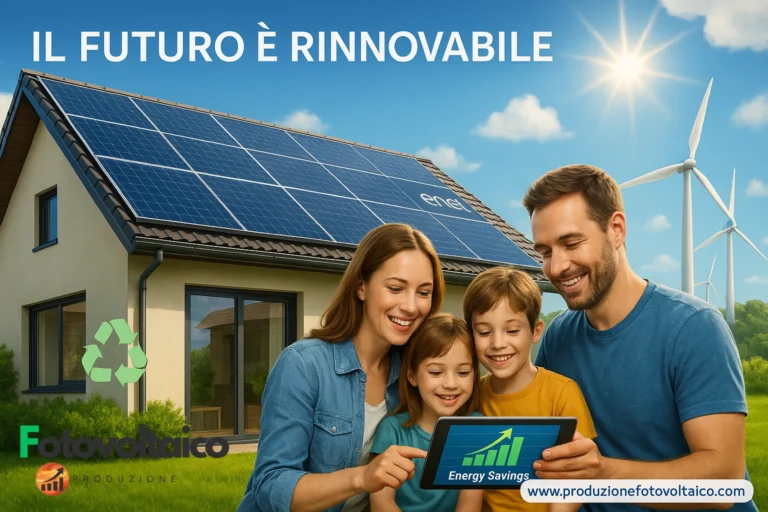 Famiglia sorridente con pannelli fotovoltaici Enel sul tetto, risparmio energetico e casa sostenibile - ProduzioneFotovoltaico.com