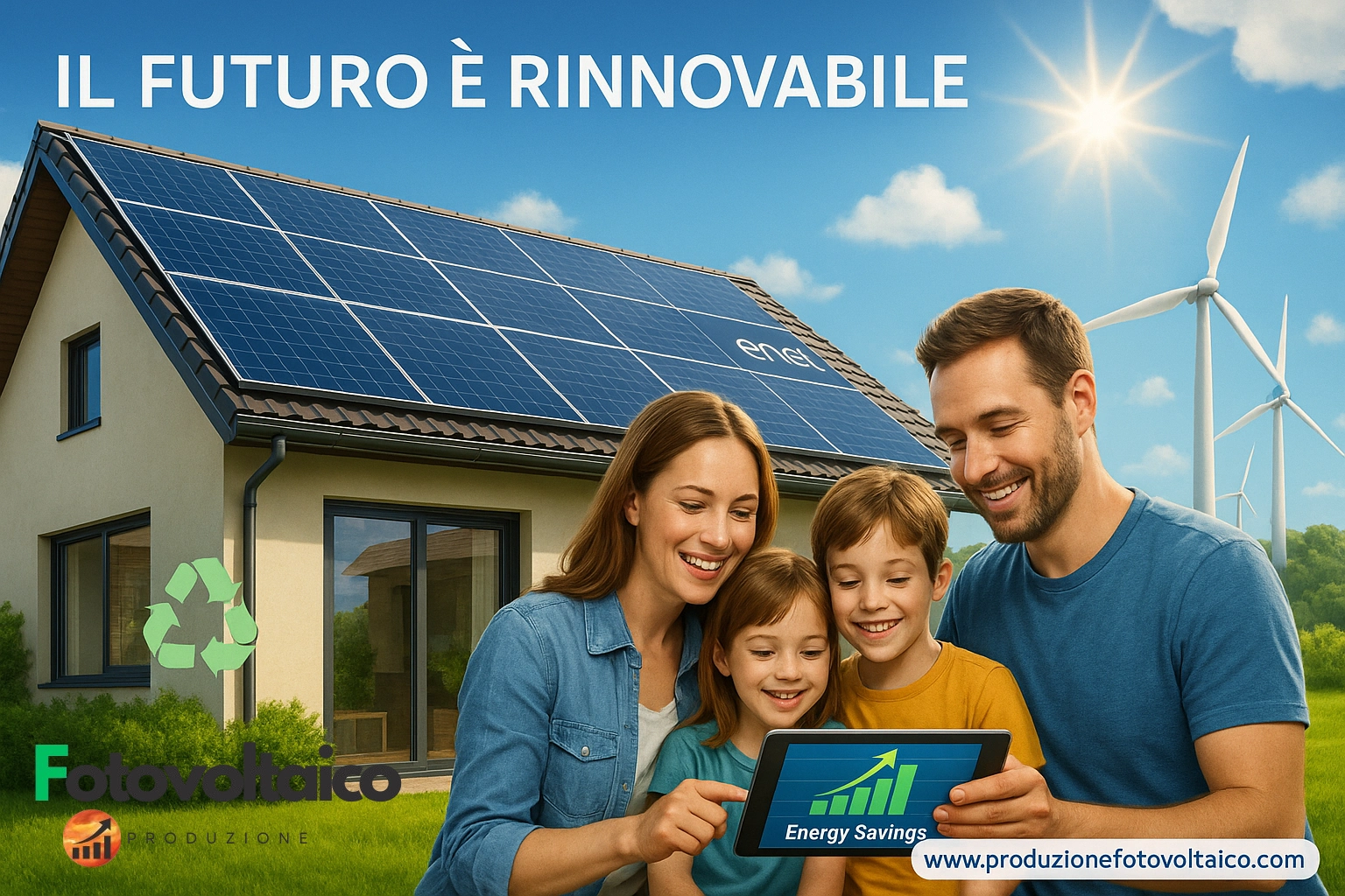 Famiglia sorridente con pannelli fotovoltaici Enel sul tetto, risparmio energetico e casa sostenibile - ProduzioneFotovoltaico.com