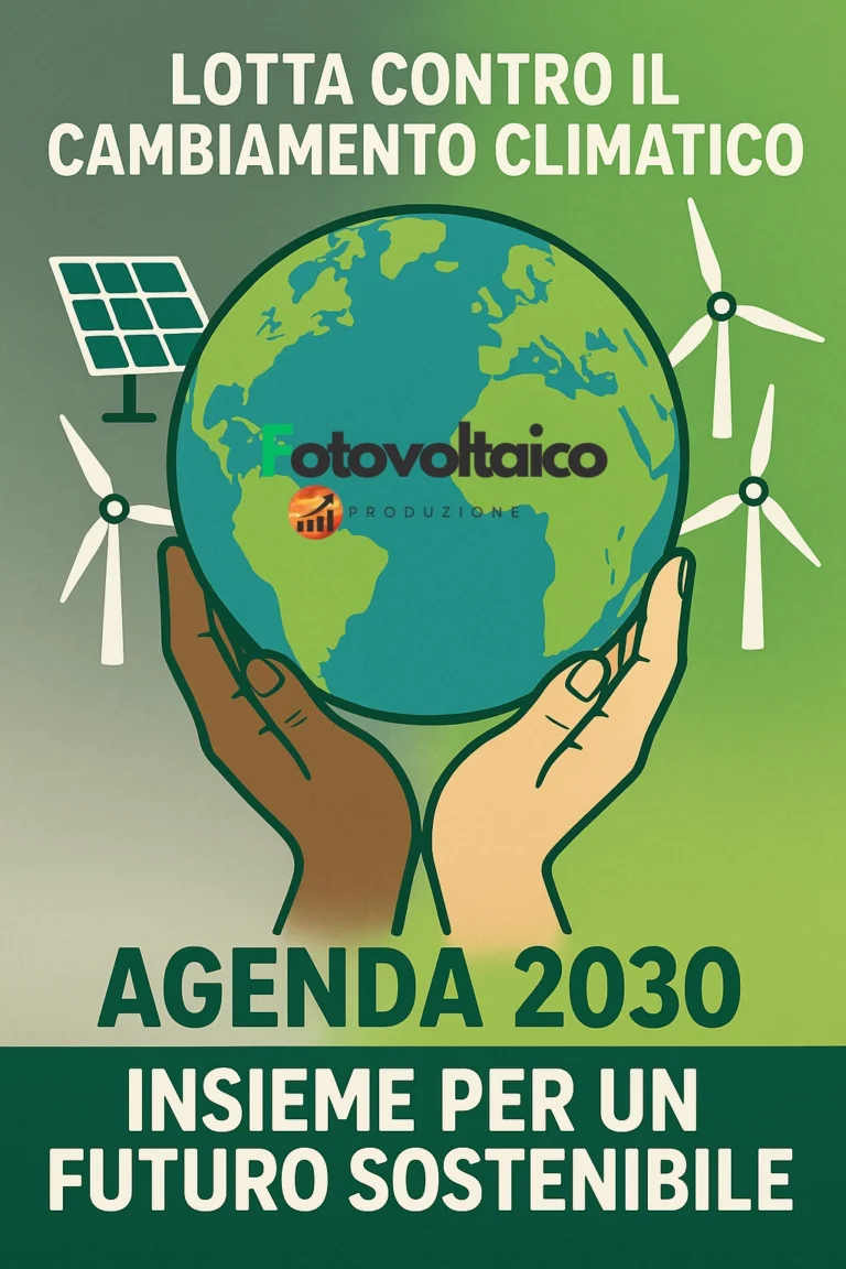 Lotta contro il cambiamento climatico Agenda 2030: Pianeta Terra circondato da pale eoliche, pannelli solari e mani unite di diverse etnie su sfondo verde e blu