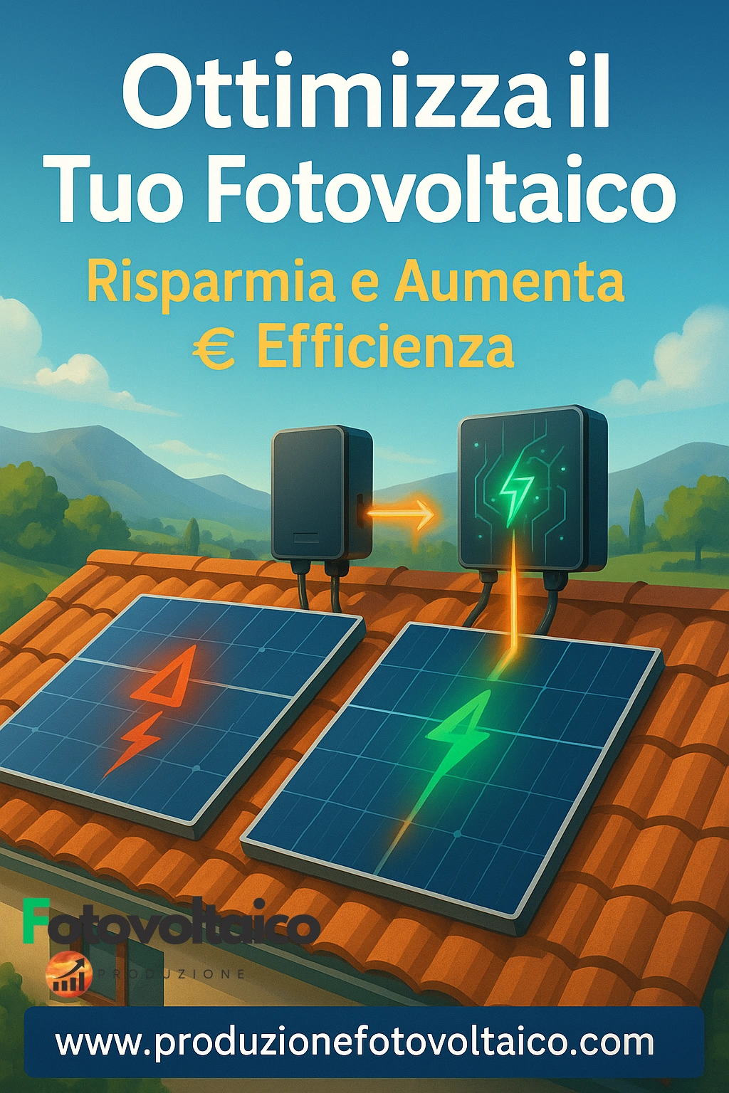 Ottimizzatori fotovoltaici installati su tetto con pannelli solari, confronto tra impianto in ombra e impianto ottimizzato, simboli di efficienza energetica e risparmio.