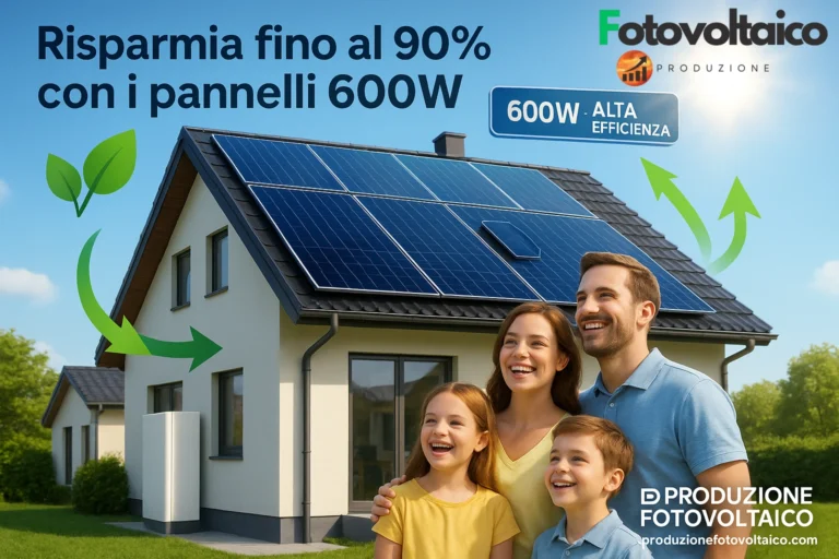 Installazione professionale di pannelli fotovoltaici 600 watt su tetto moderno, con famiglia sorridente e simboli di sostenibilità. Produzione Fotovoltaico: risparmio energetico fino al 90% e riduzione CO₂.