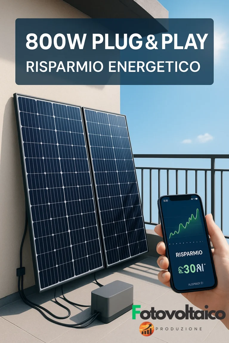 Pannelli fotovoltaici 800 watt installati su un balcone con kit plug and play, batteria di accumulo e monitoraggio dei risparmi energetici
