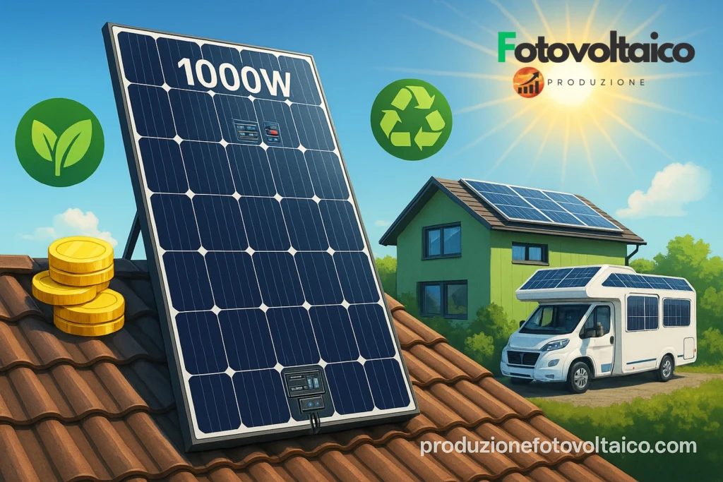 Pannello fotovoltaico da 1000W installato su tetto moderno con cielo soleggiato, casa ecologica e camper con impianto solare, simboli di energia pulita e risparmio.