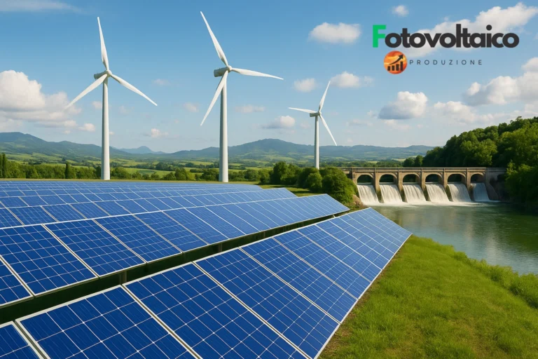 Percentuale energia rinnovabile Italia con paesaggio verde, pannelli solari, turbina eolica e diga idroelettrica.