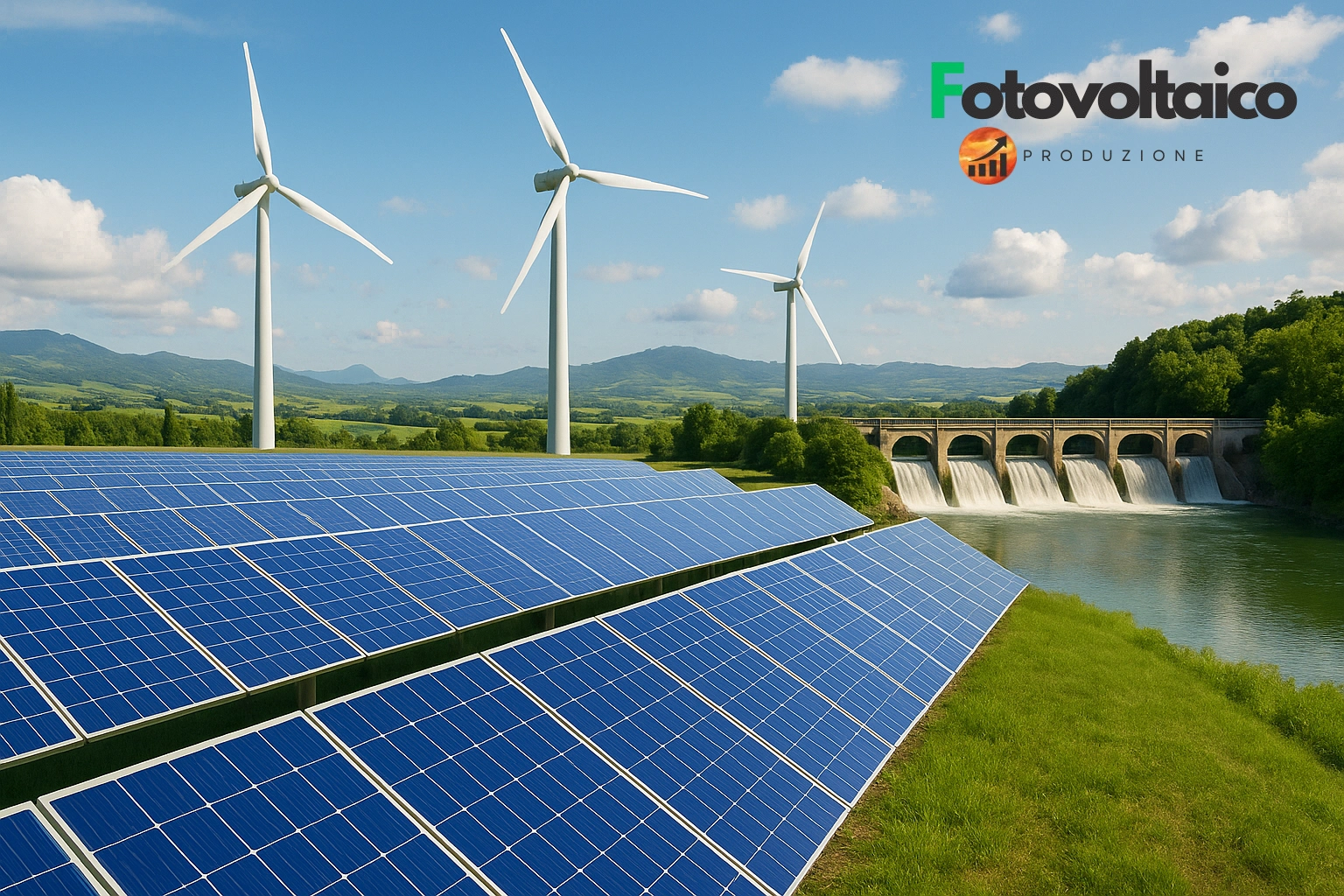 Percentuale energia rinnovabile Italia con paesaggio verde, pannelli solari, turbina eolica e diga idroelettrica.