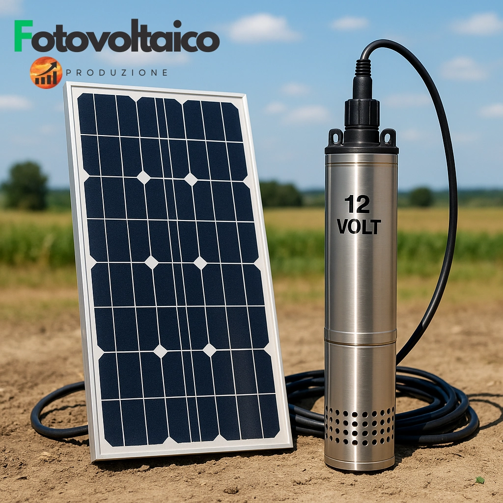 Pompa sommersa 12 volt con pannello solare installata in un campo agricolo