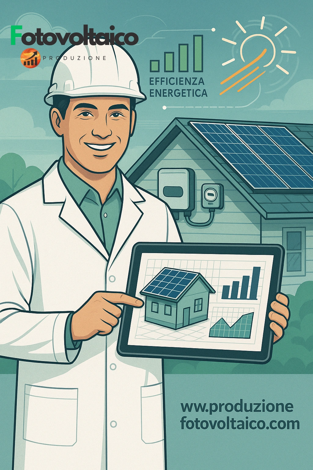 Ingegnere energetico mostra progetto di un impianto fotovoltaico su tablet, esempio di progetto fotovoltaico 6 kW con pannelli solari blu e neri su tetto.