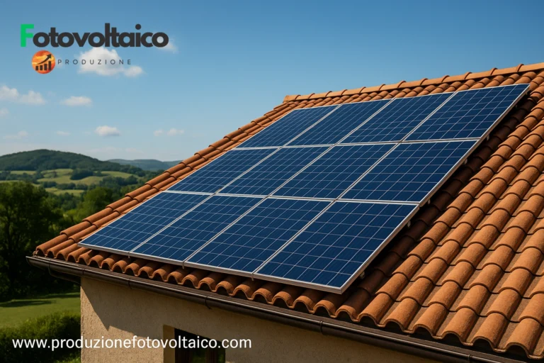 Impianto fotovoltaico con i migliori pannelli solari efficienti e sistema con accumulo e inverter, installato su tetto residenziale.