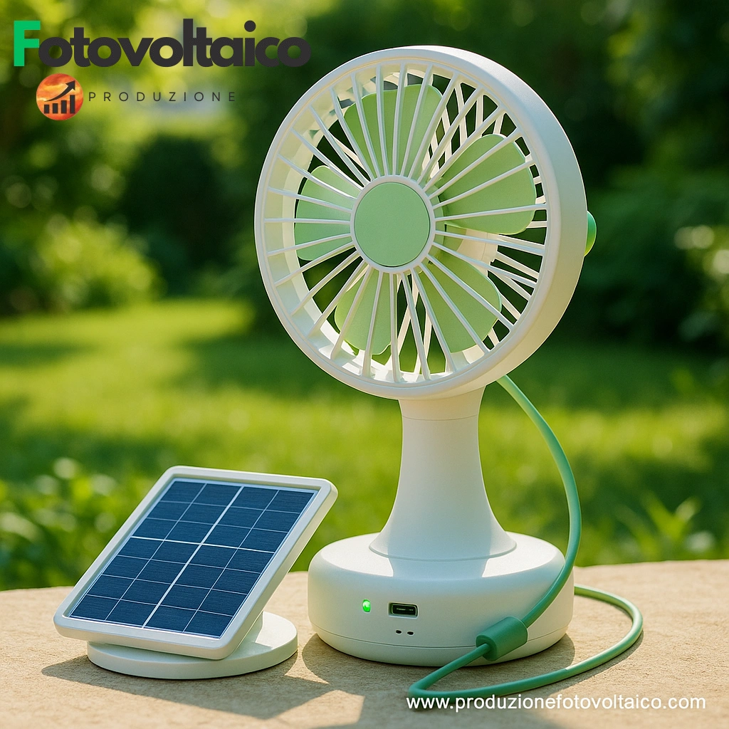 Ventilatore alimentato a energia solare con pannello fotovoltaico integrato, ideale per uso in giardino o terrazzo