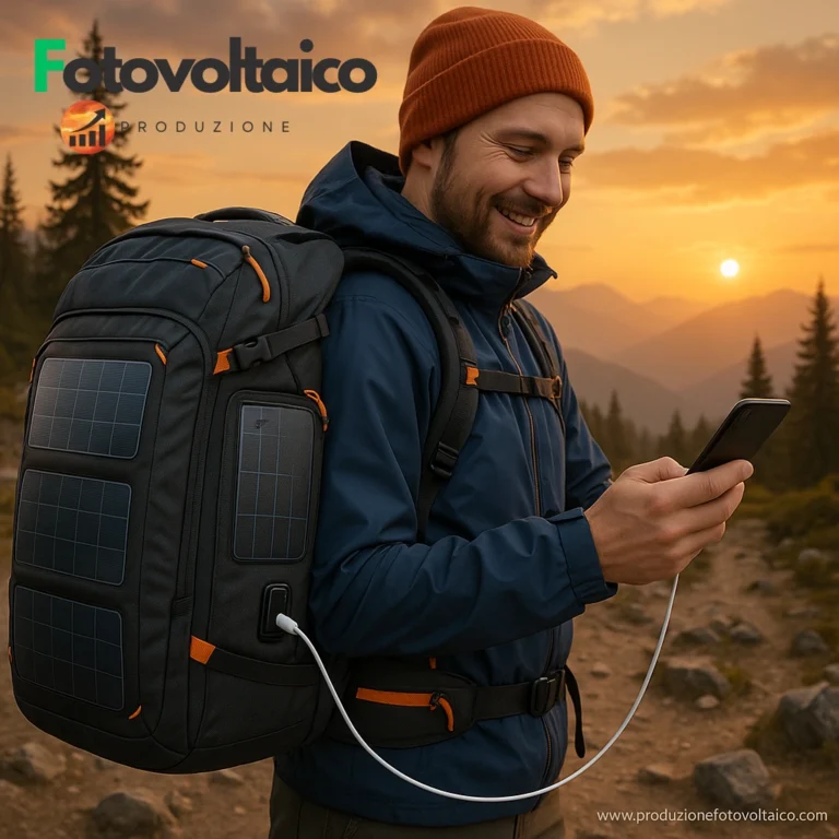 Zaino pannello solare con pannelli solari per zaino integrato, pannello solare portatile da zaino e porta USB. Escursionista carica smartphone da zaino energia solare su montagna al tramonto.