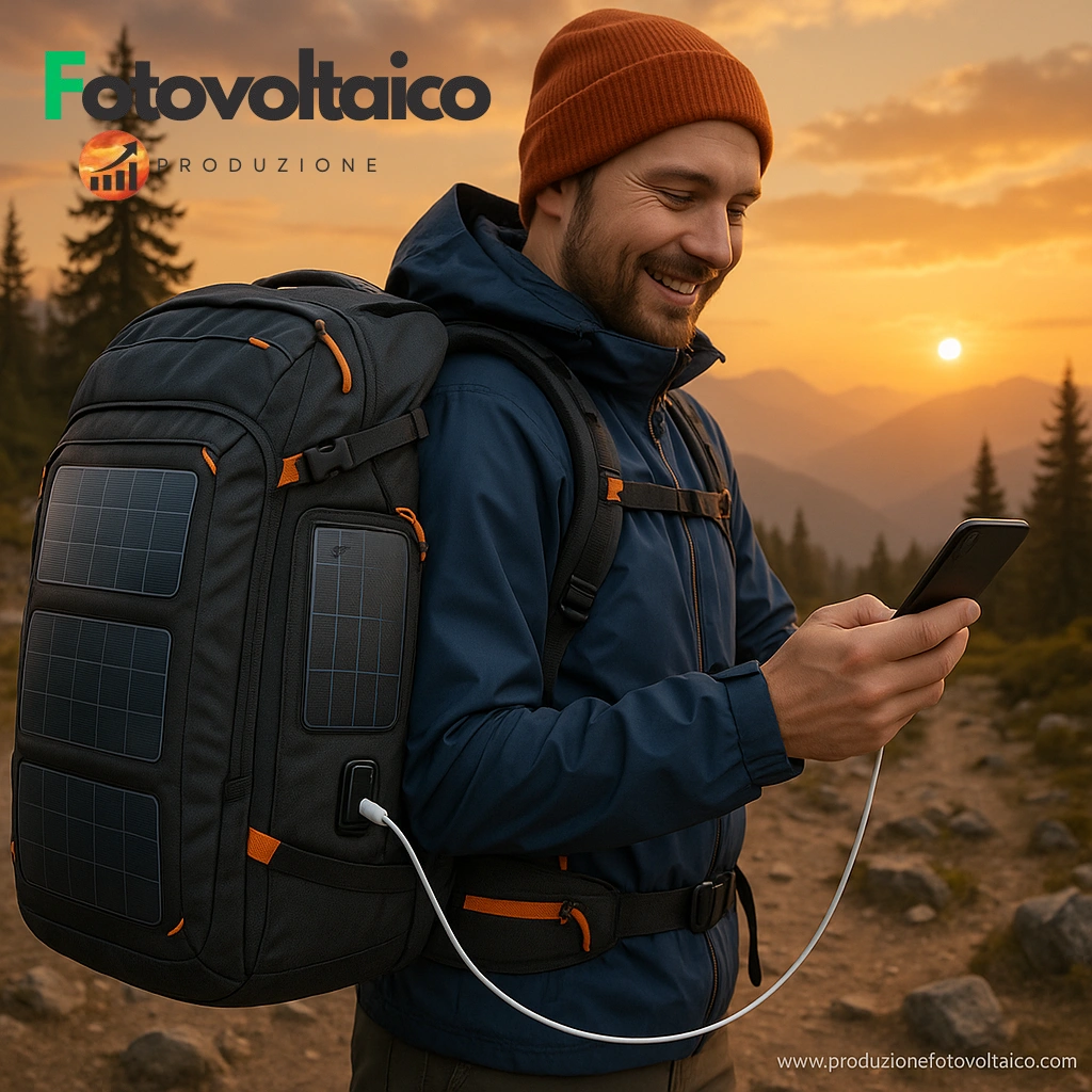 Zaino pannello solare con pannelli solari per zaino integrato, pannello solare portatile da zaino e porta USB. Escursionista carica smartphone da zaino energia solare su montagna al tramonto.