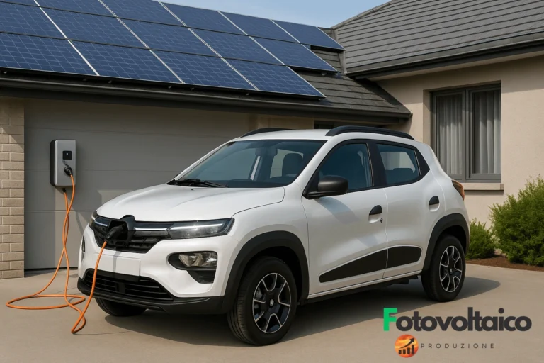 Auto elettrica nuova o usata collegata a una stazione di ricarica domestica solare davanti a una casa con pannelli fotovoltaici