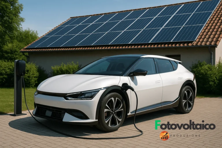 Auto elettrica moderna in ricarica con energia solare, davanti a una casa con pannelli fotovoltaici.