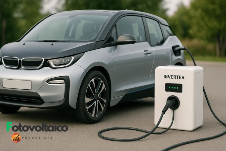 Auto elettrica moderna con inverter per ricarica solare, scheda tecnica e cavalli motore in evidenza
