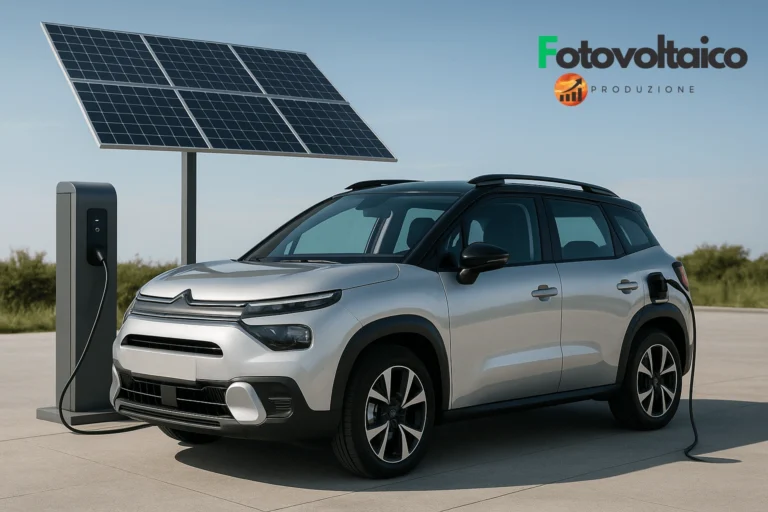 Auto elettrica compatta in ricarica con colonnina solare, design moderno e generico, su sfondo urbano