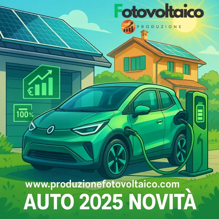 Auto elettriche economiche in arrivo collegate a impianto fotovoltaico per auto elettrica davanti a una casa moderna con pannelli solari.