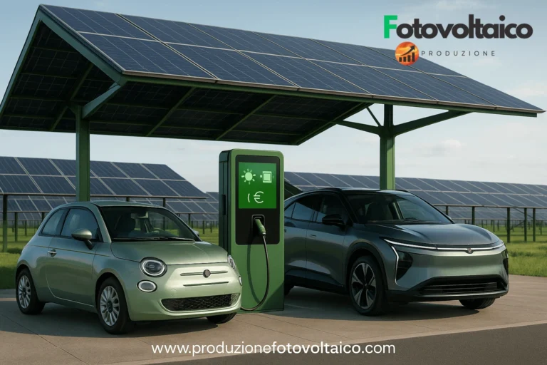 Auto elettriche sotto tettoia fotovoltaica con colonnina di ricarica solare e SUV cinese in background.