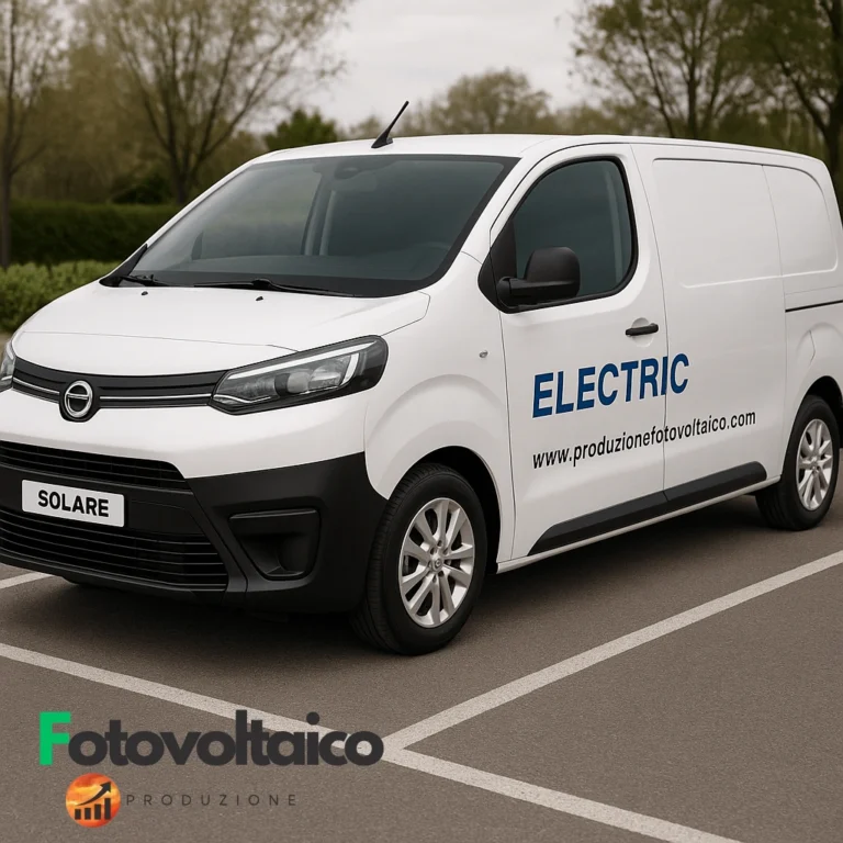 Furgone elettrico bianco a 9 posti con marchio generico Solare, alimentato da energia solare, parcheggiato su strada.