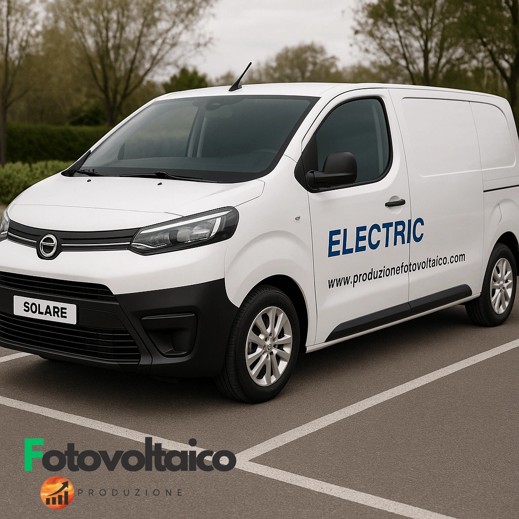 Furgone elettrico bianco a 9 posti con marchio generico Solare, alimentato da energia solare, parcheggiato su strada.