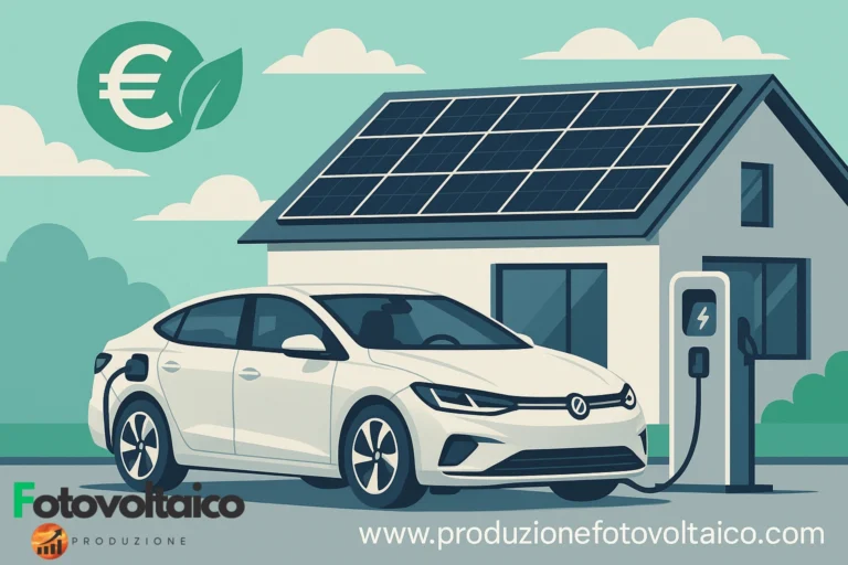 Ecobonus auto elettriche: vettura elettrica bianca in ricarica presso colonnina alimentata da impianto fotovoltaico domestico con simbolo Euro verde per incentivi statali