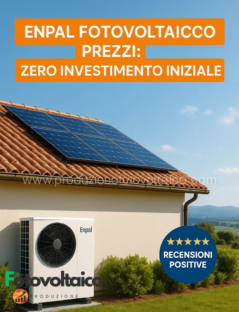 enpal fotovoltaico pannelli solari installati su un tetto residenziale, con cielo sereno e simboli di energia pulita.