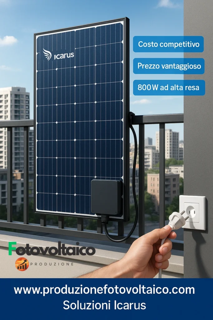 icarus fotovoltaico plug-and-play da balcone 800W installato su ringhiera in contesto urbano con collegamento diretto alla presa domestica.
